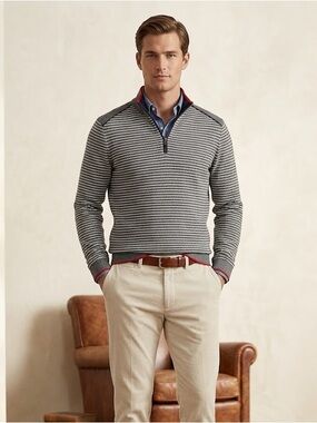 BOSS Hugo Boss Slim Fit Mens Long Sleeve Stripe Quarter Zip Funnel Neck Sweater